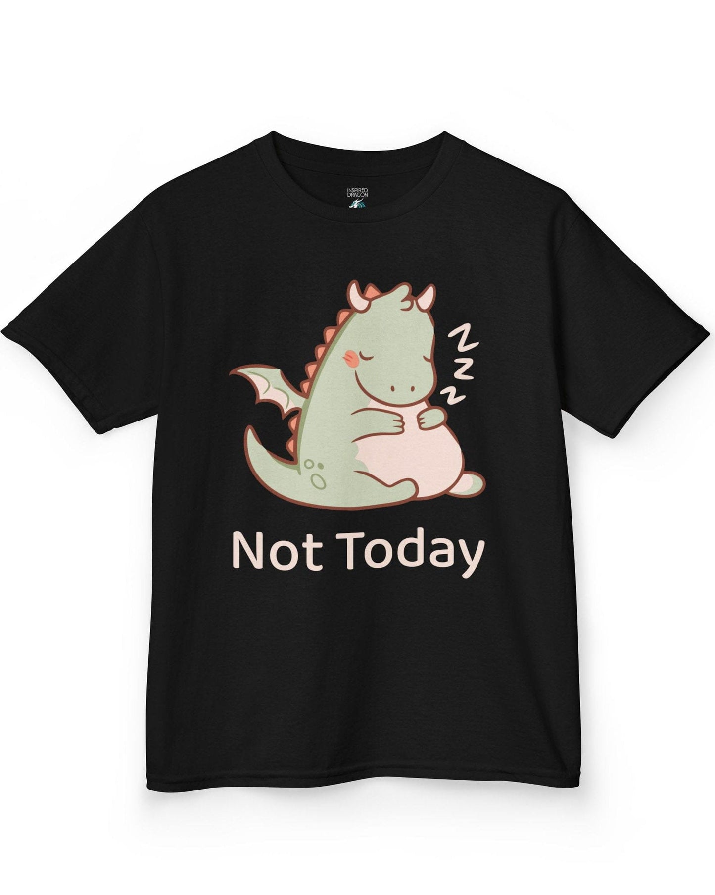 Not Today shirt in black featuring a sleepy green dragon curled up with Zs and soft pastel colors