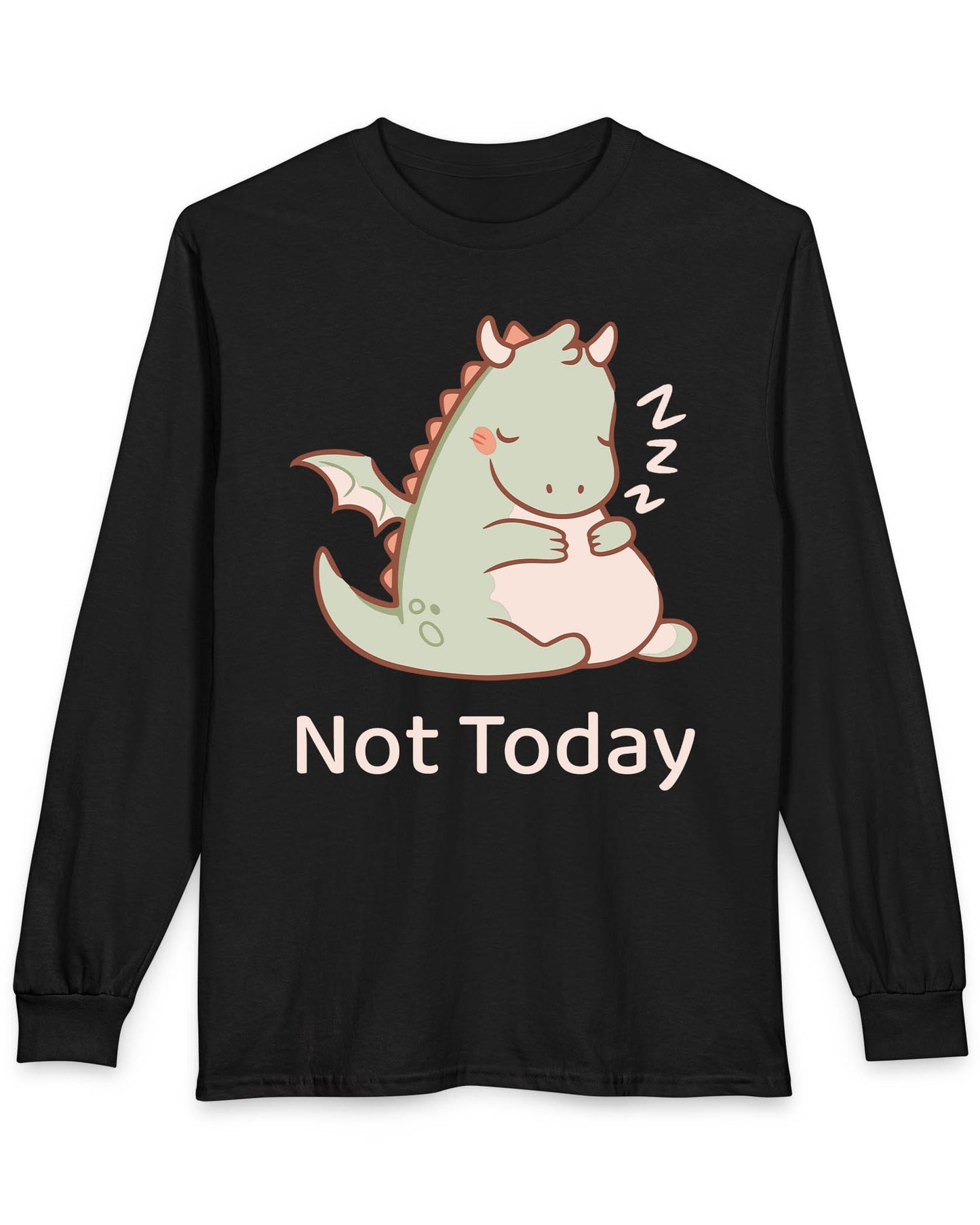 Not Today shirt in black featuring a sleepy green dragon curled up with Zs and soft pastel colors