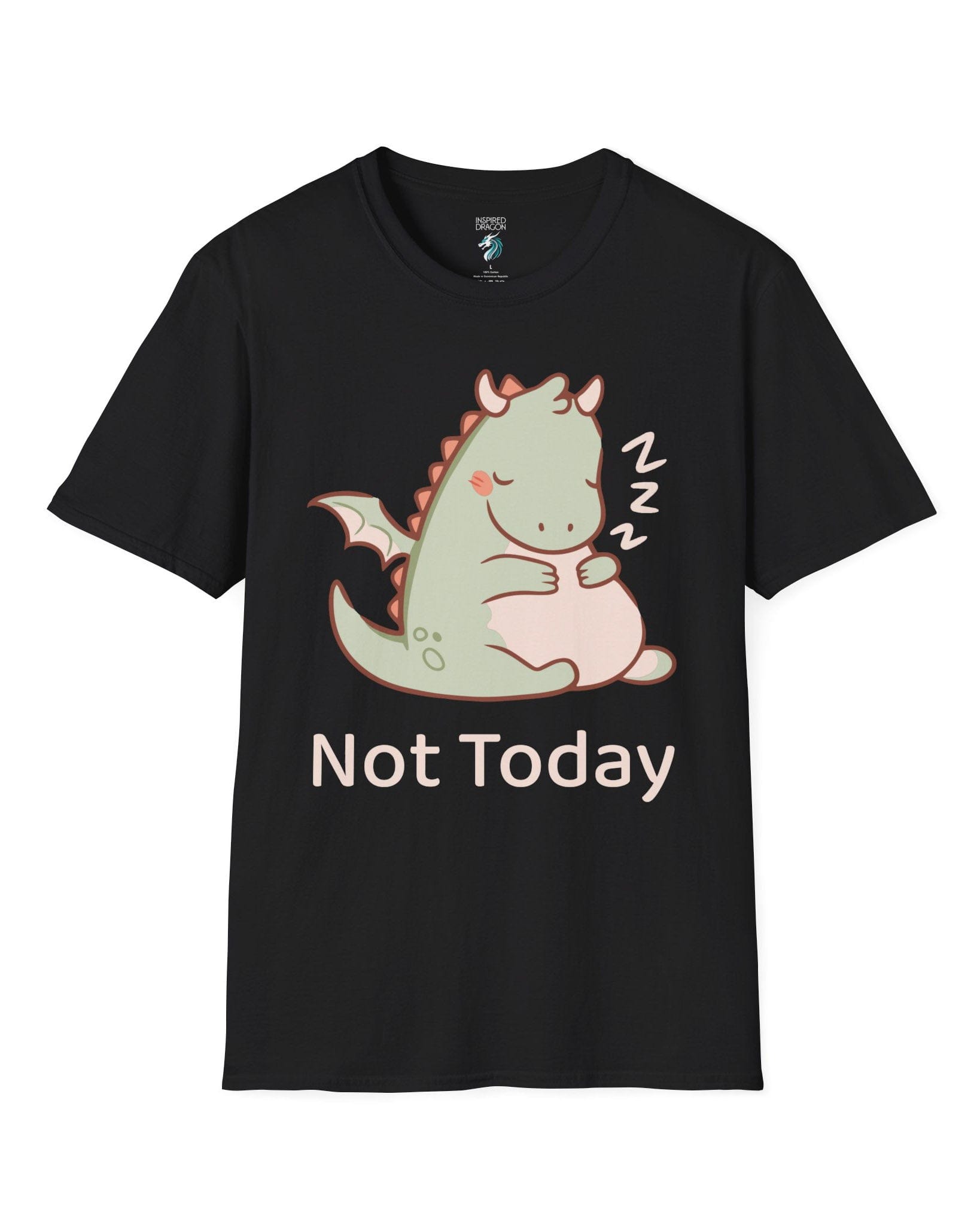 Not Today shirt in black, featuring a sleepy green dragon curled up with Zs and soft pastel colors.
