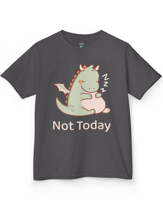 Not Today shirt in charcoal featuring a sleepy green dragon curled up with Zs and soft pastel colors