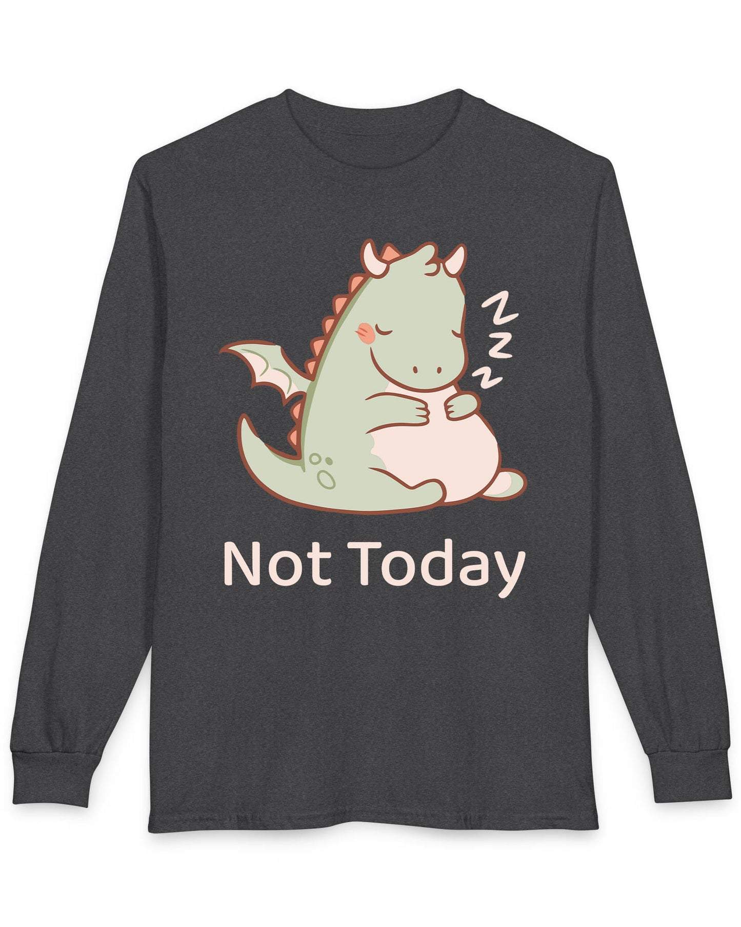 Not Today shirt in dark heather featuring a sleepy green dragon curled up with Zs and soft pastel colors