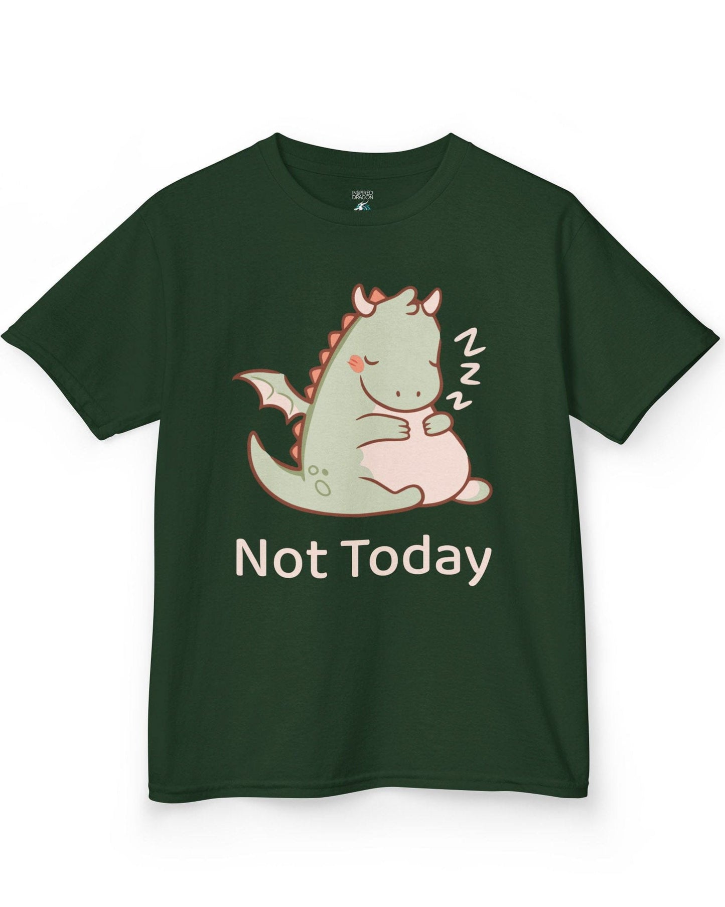 Not Today shirt in forest green featuring a sleepy green dragon curled up with Zs and soft pastel colors