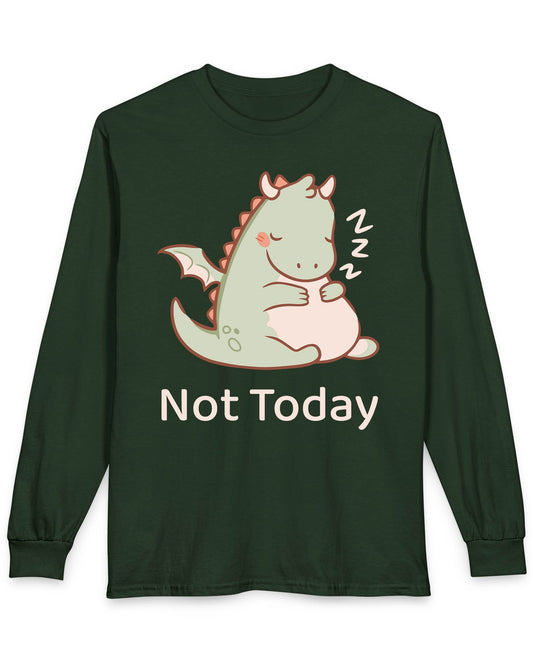 Not Today shirt in forest green featuring a sleepy green dragon curled up with Zs and soft pastel colors