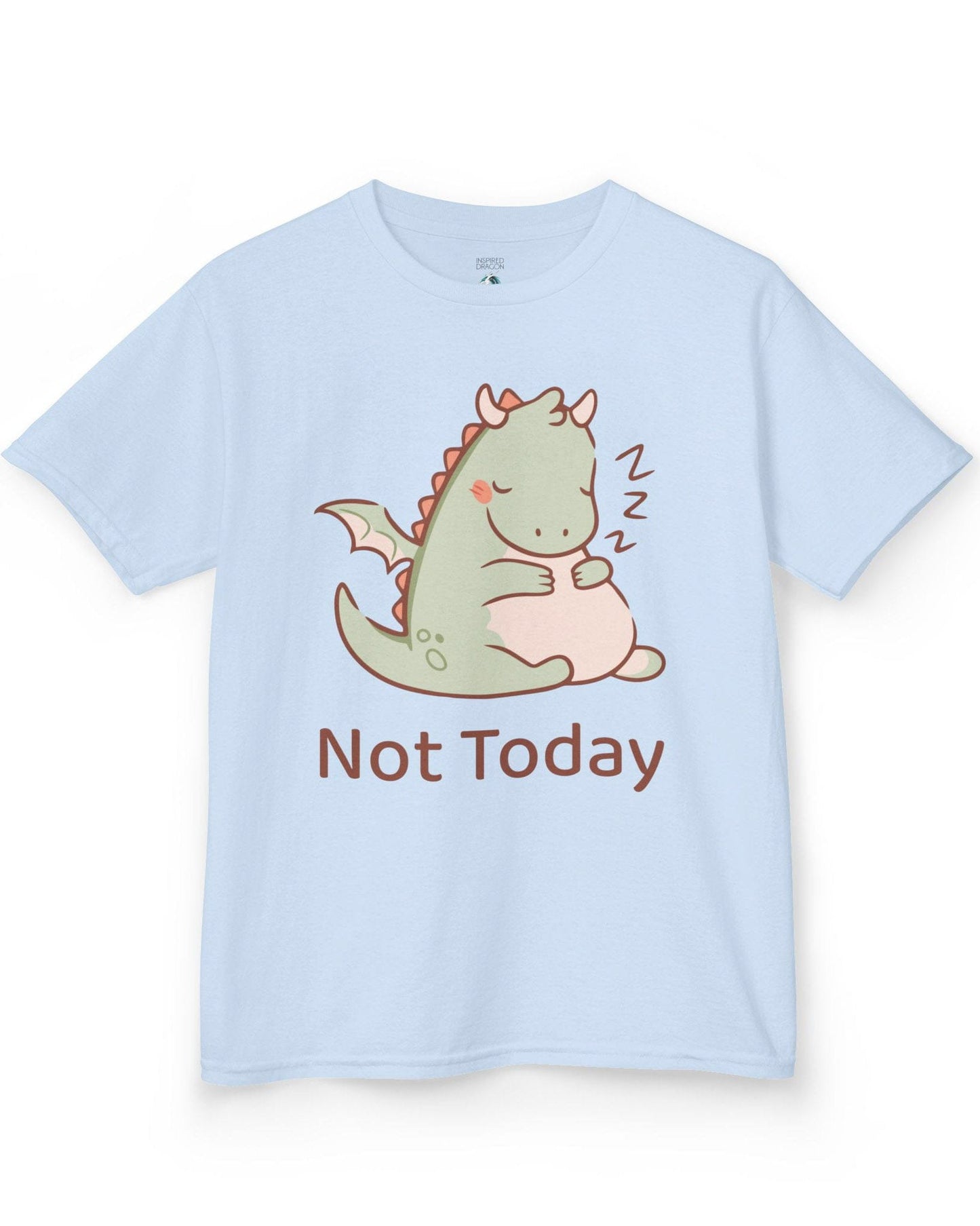 Not Today shirt in light blue featuring a sleepy green dragon curled up with Zs and soft pastel colors