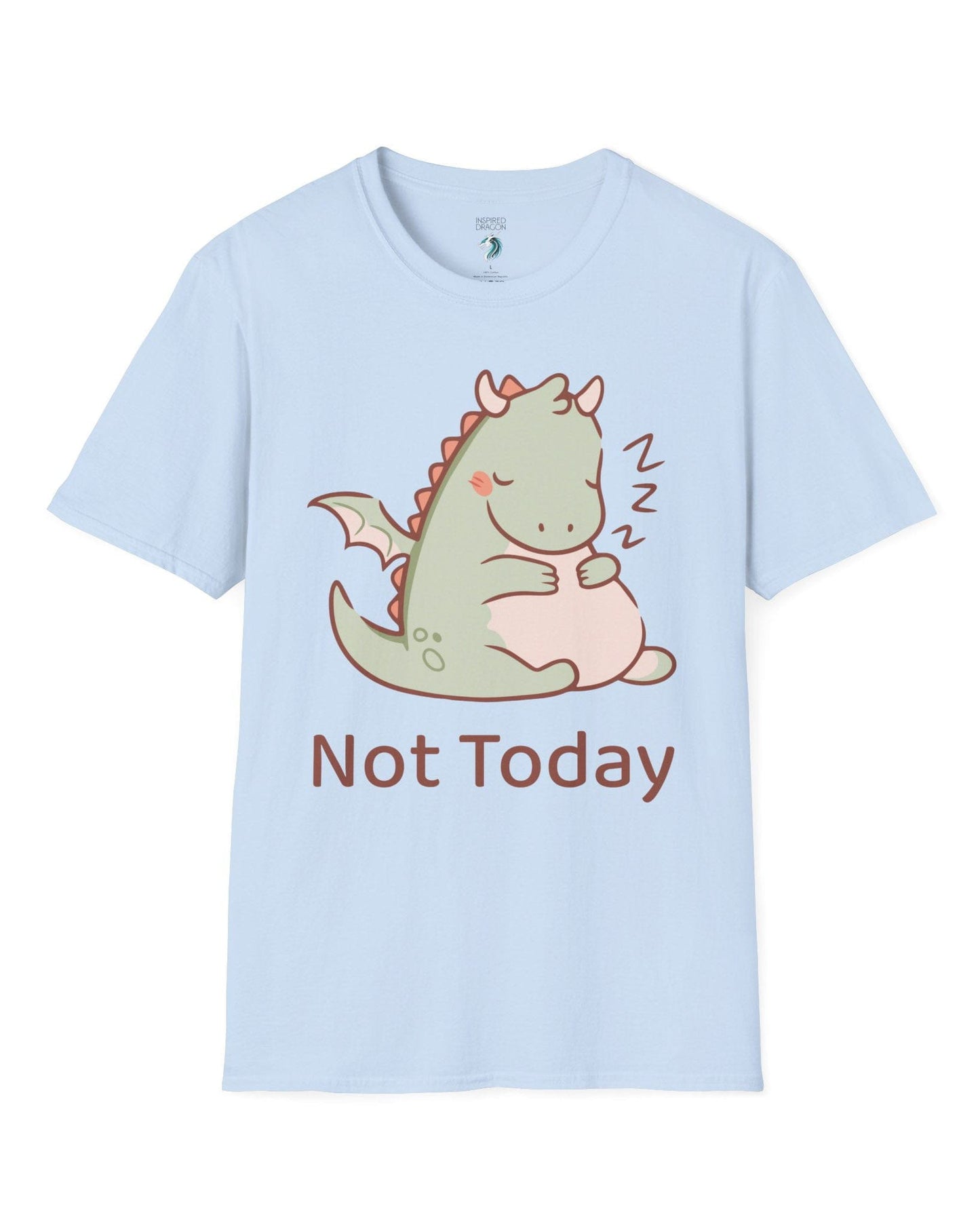 Not Today shirt in light blue, featuring a sleepy green dragon curled up with Zs and soft pastel colors.
