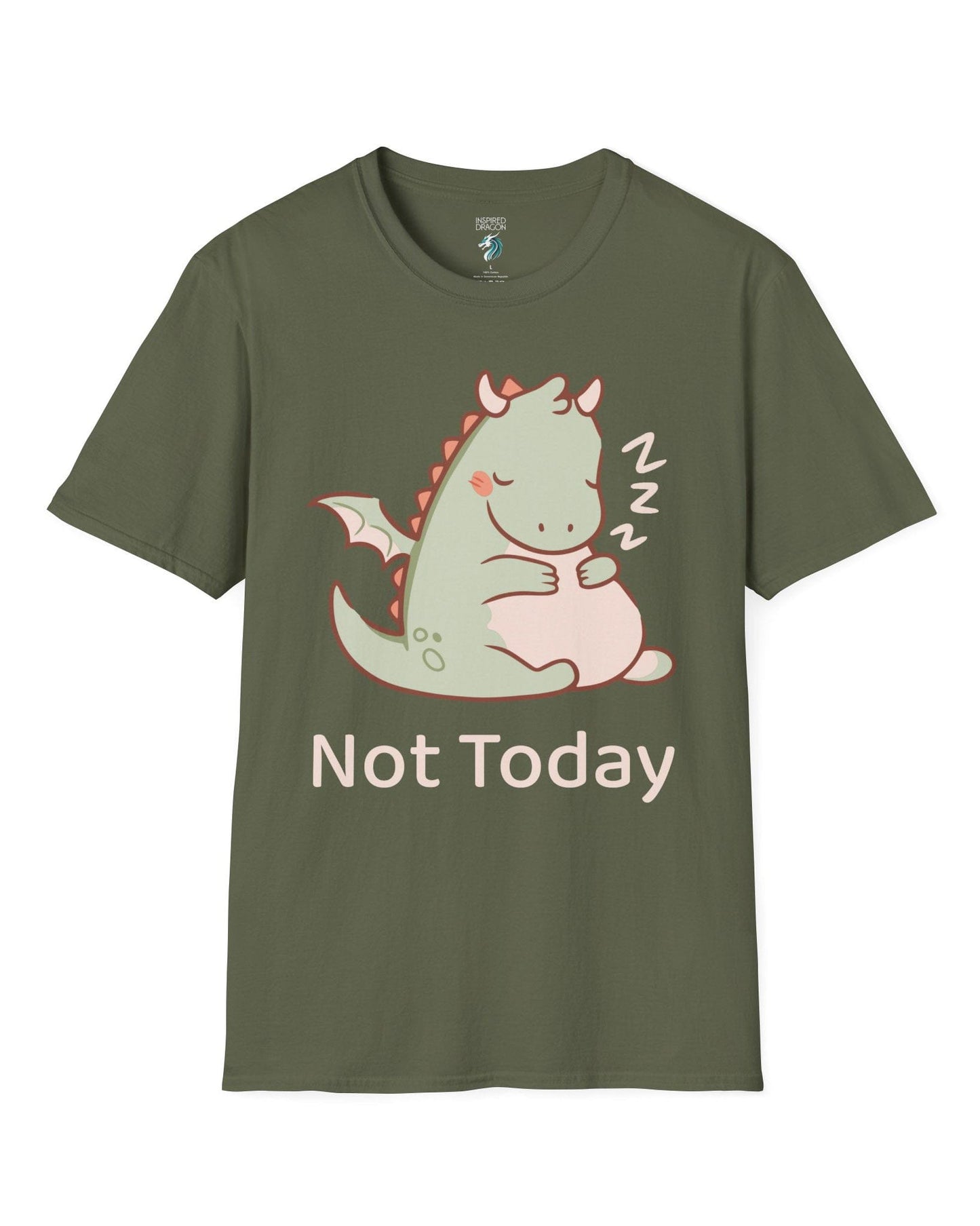 Not Today shirt in military green, featuring a sleepy green dragon curled up with Zs and soft pastel colors.
