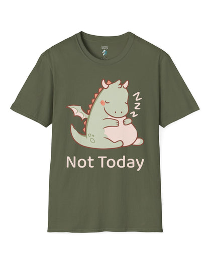Not Today shirt in military green, featuring a sleepy green dragon curled up with Zs and soft pastel colors.
