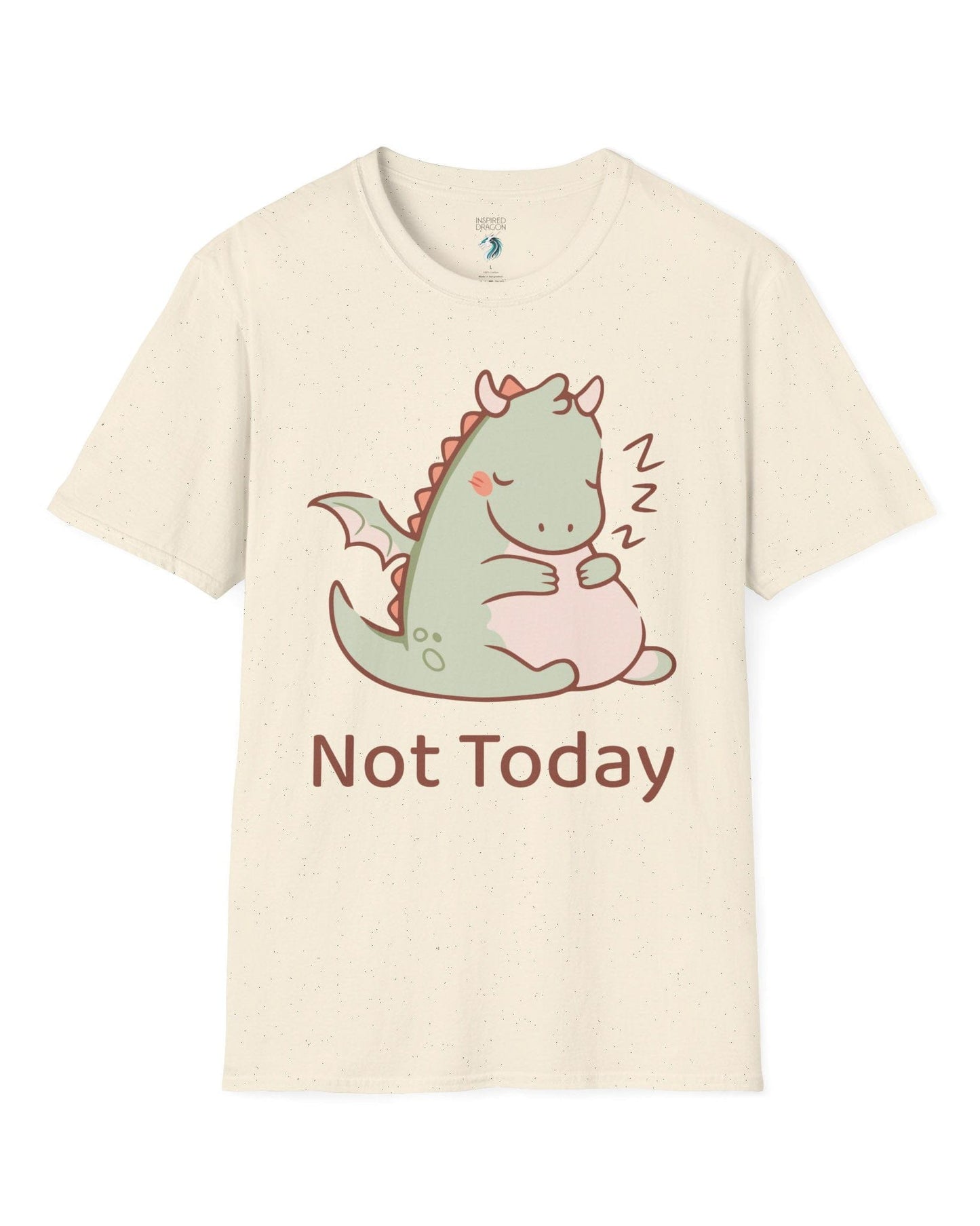 Not Today shirt in natural, featuring a sleepy green dragon curled up with Zs and soft pastel colors.