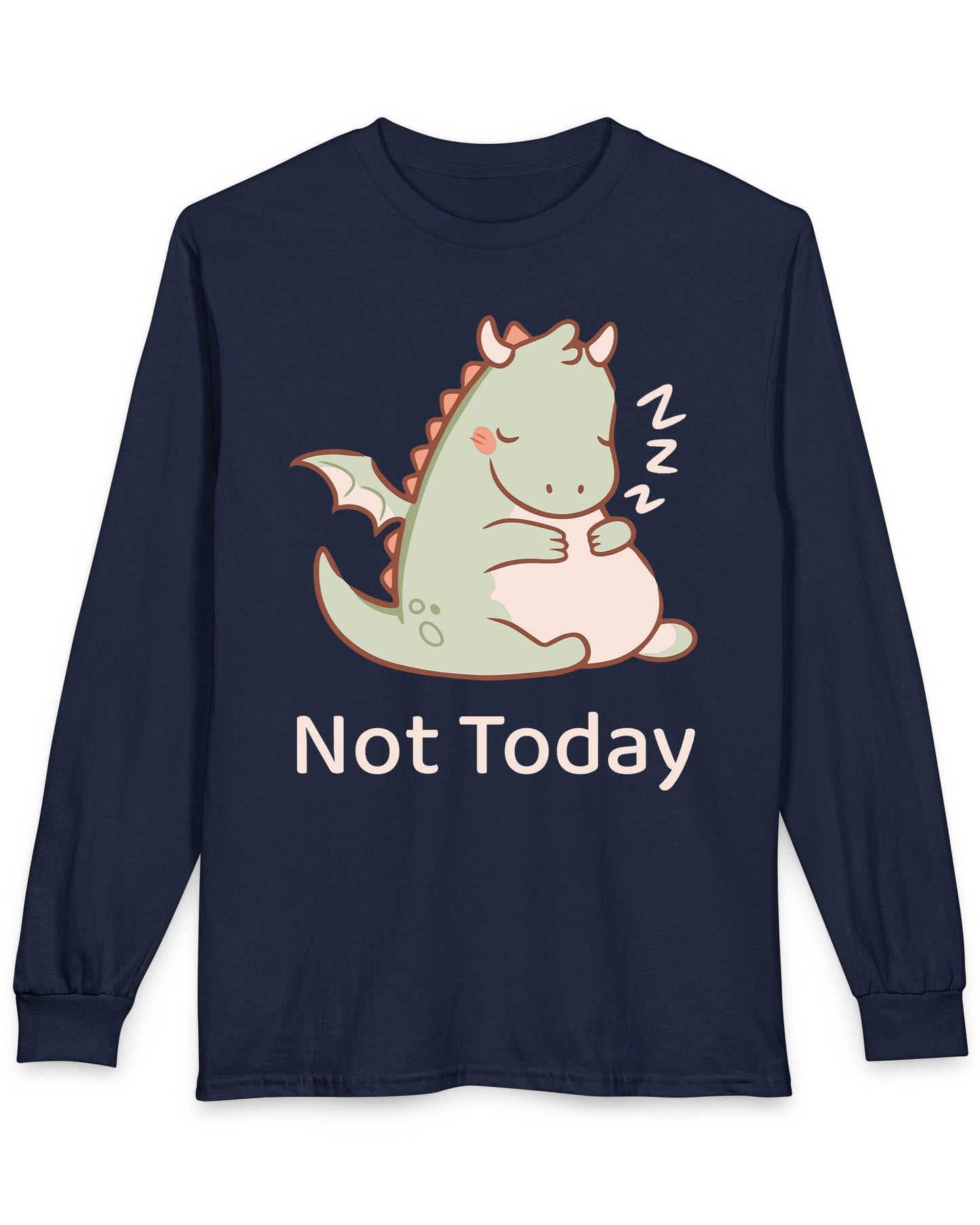 Not Today shirt in navy featuring a sleepy green dragon curled up with Zs and soft pastel colors