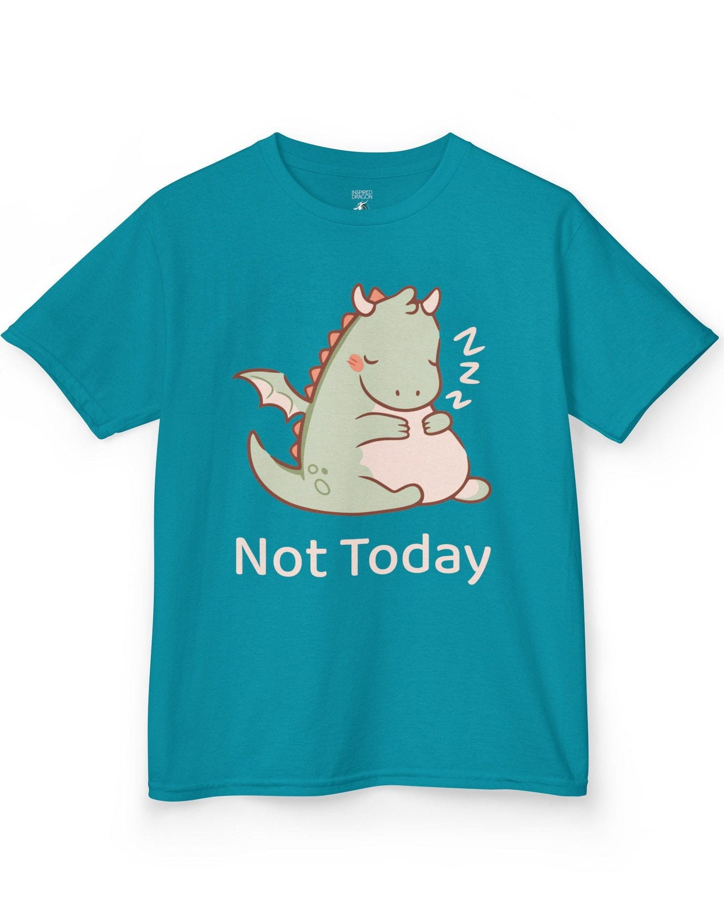 Not Today shirt in tropical blue featuring a sleepy green dragon curled up with Zs and soft pastel colors