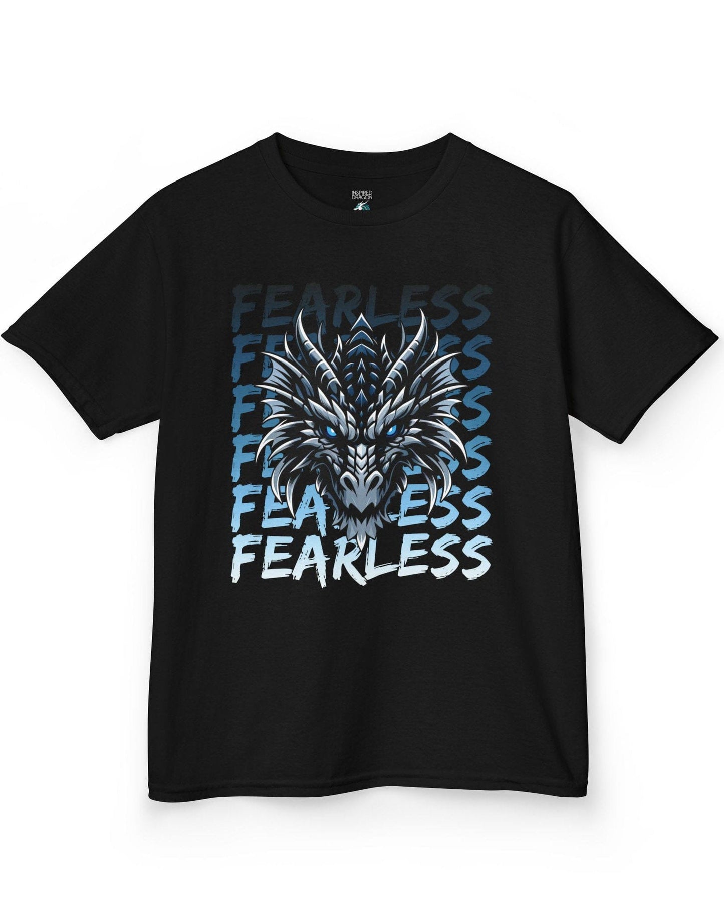 Fearless Dragon shirt in black featuring a fierce blue and black dragon head over text fading from dark to light blue