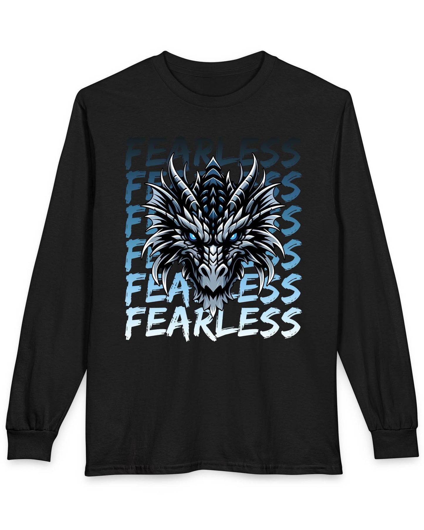 Fearless Dragon shirt in black featuring a fierce blue and black dragon head over text fading from dark to light blue