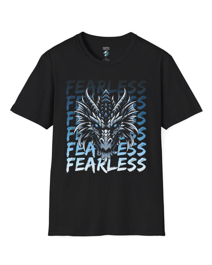 Fearless Dragon shirt in black featuring a fierce blue and black dragon head over text fading from dark to light blue.
