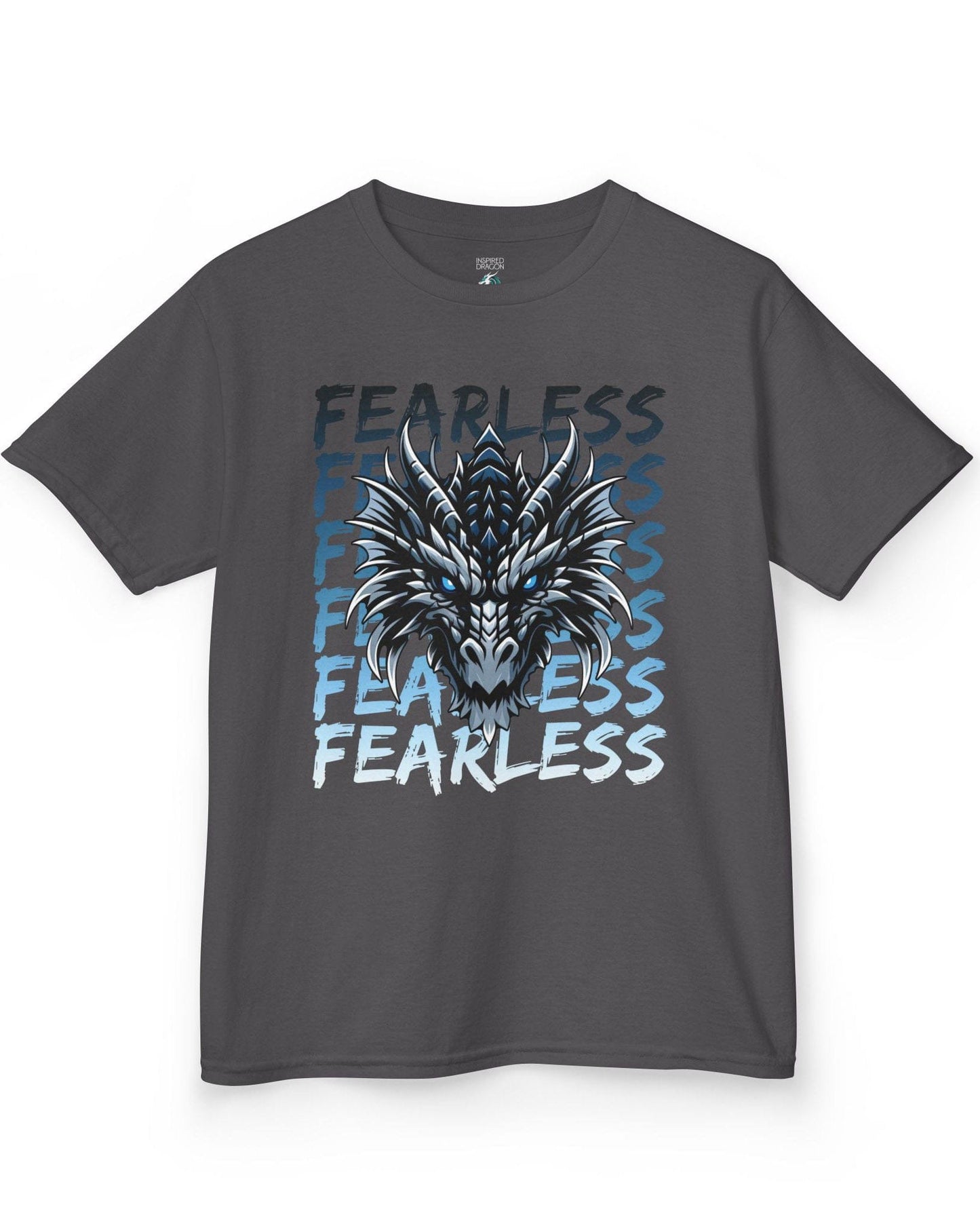 Fearless Dragon shirt in charcoal featuring a fierce blue and black dragon head over text fading from dark to light blue