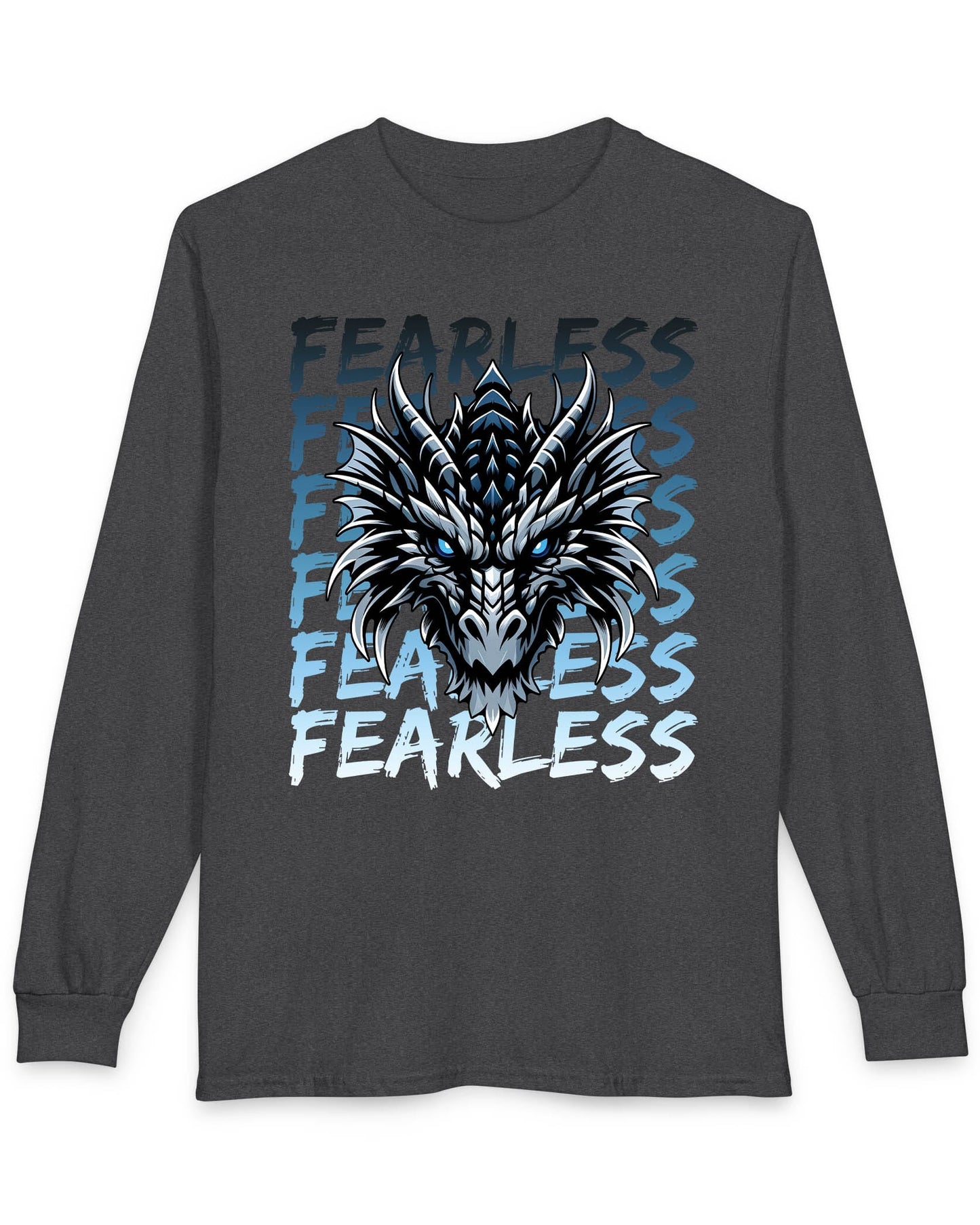 Fearless Dragon shirt in dark heather featuring a fierce blue and black dragon head over text fading from dark to light blue