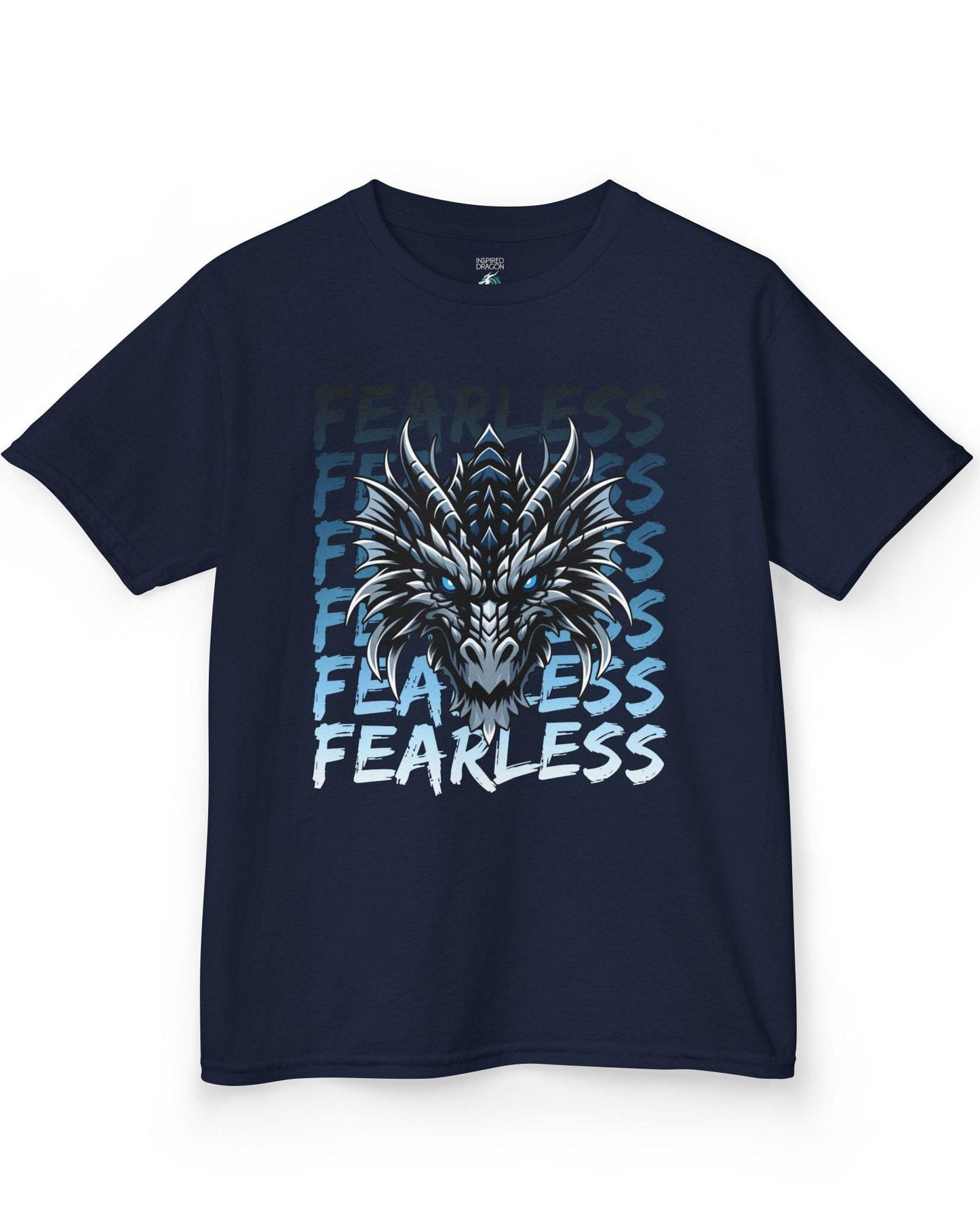 Fearless Dragon shirt in navy featuring a fierce blue and black dragon head over text fading from dark to light blue
