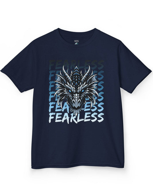 Fearless Dragon shirt in navy featuring a fierce blue and black dragon head over text fading from dark to light blue