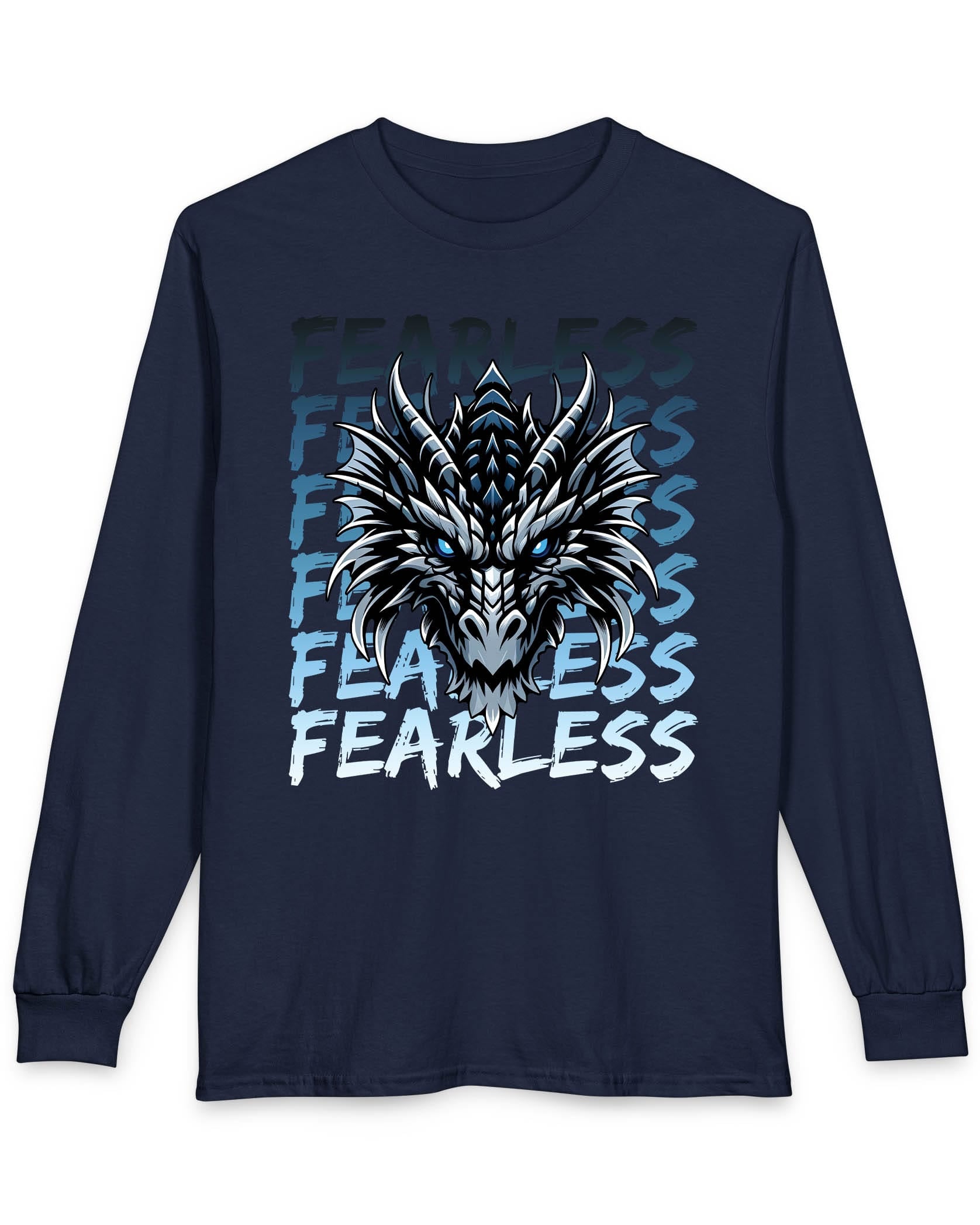 Fearless Dragon shirt in navy featuring a fierce blue and black dragon head over text fading from dark to light blue