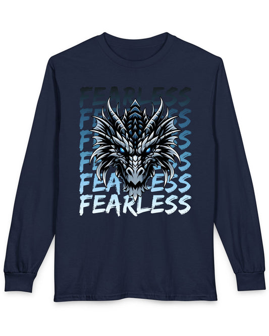 Fearless Dragon shirt in navy featuring a fierce blue and black dragon head over text fading from dark to light blue