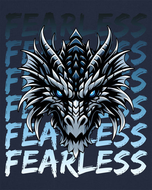 Fearless Dragon shirt in navy featuring a fierce blue and black dragon head over text fading from dark to light blue.