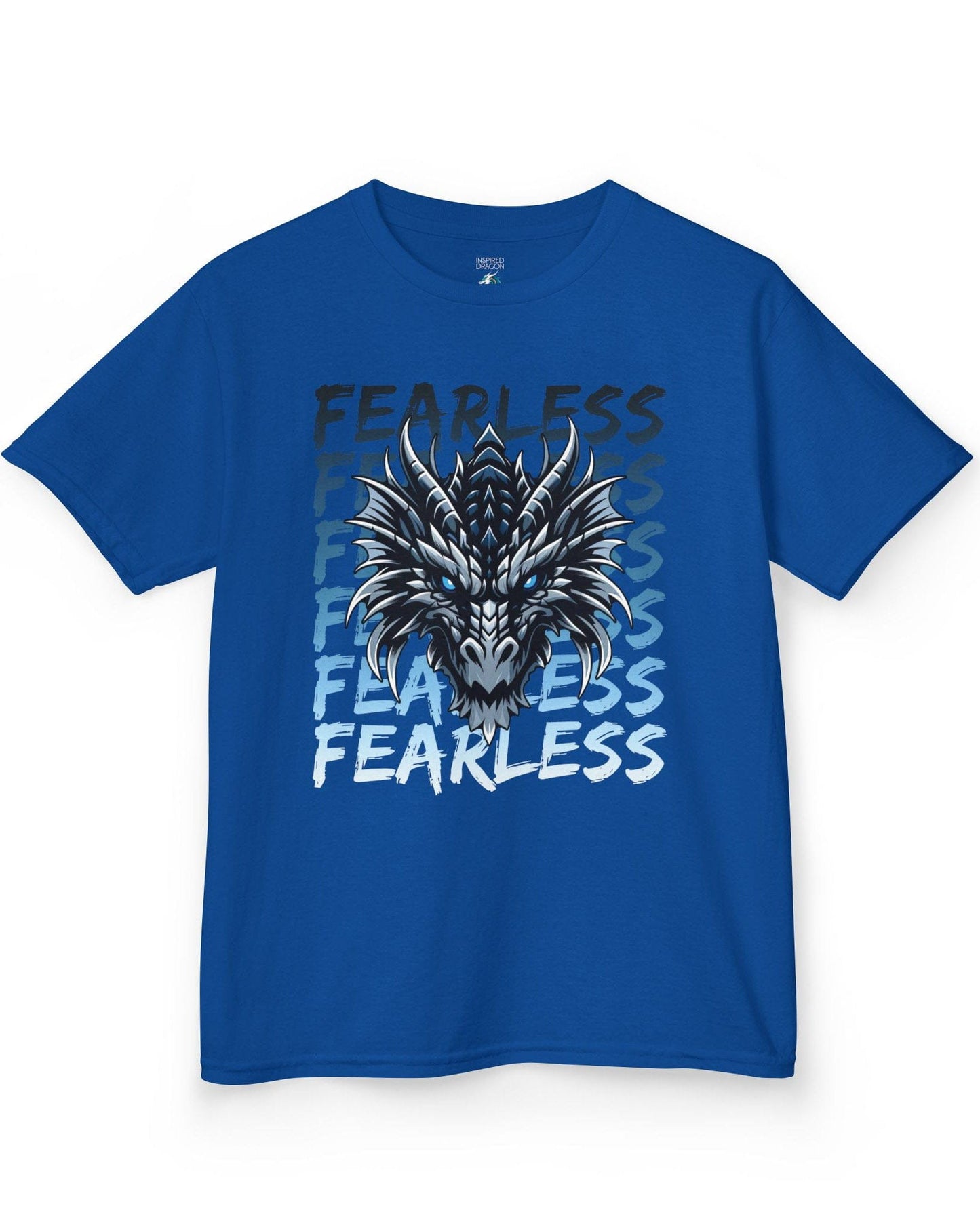 Fearless Dragon shirt in royal blue featuring a fierce blue and black dragon head over text fading from dark to light blue