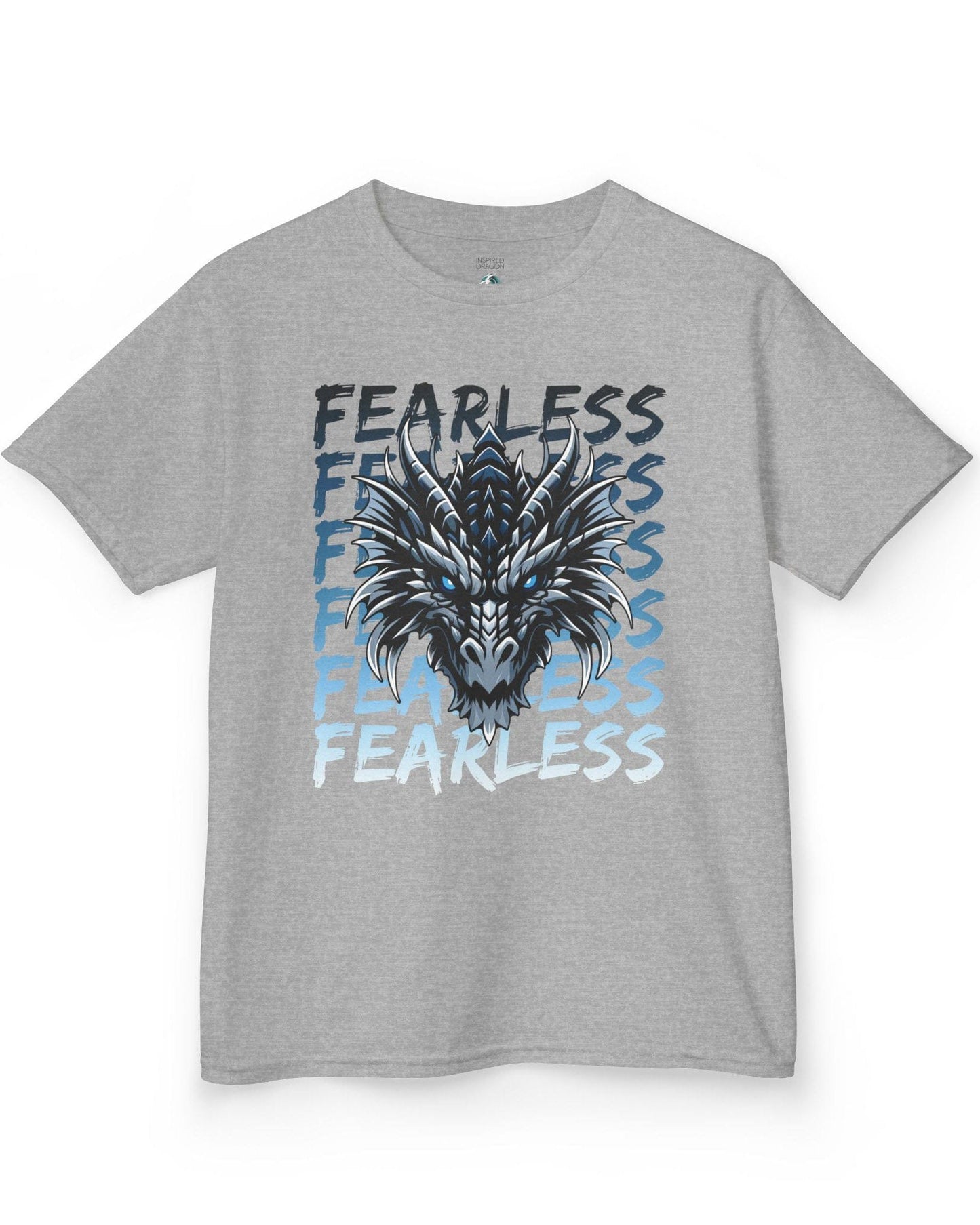 Fearless Dragon shirt in sport grey featuring a fierce blue and black dragon head over text fading from dark to light blue