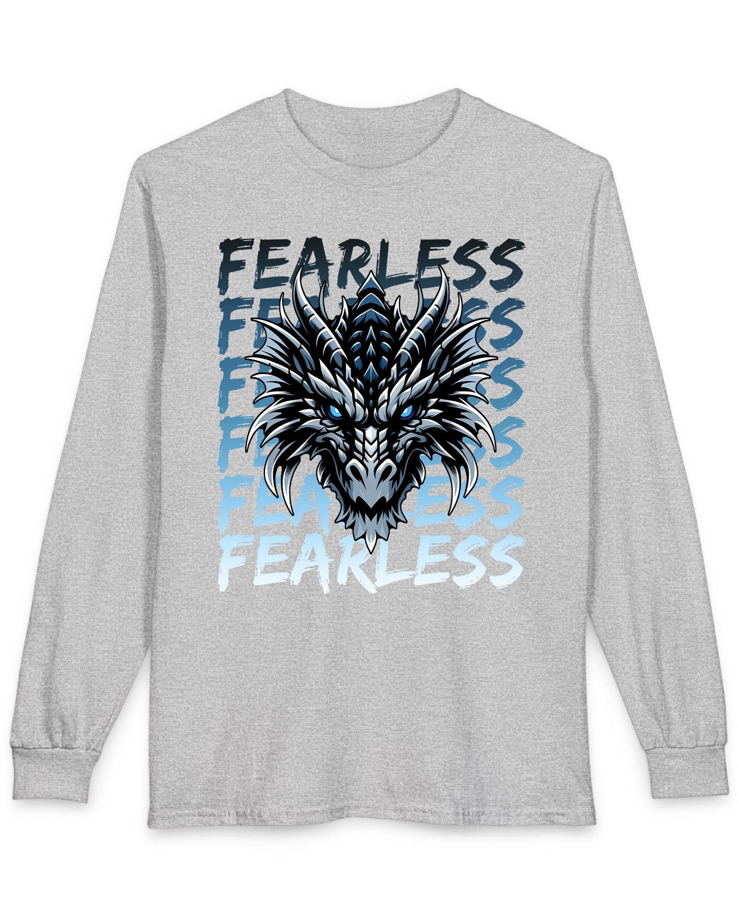 Fearless Dragon shirt in sport grey featuring a fierce blue and black dragon head over text fading from dark to light blue