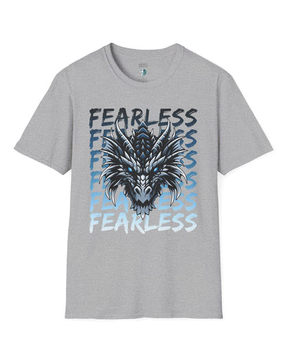 Fearless Dragon shirt in sport grey featuring a fierce blue and black dragon head over text fading from dark to light blue.

