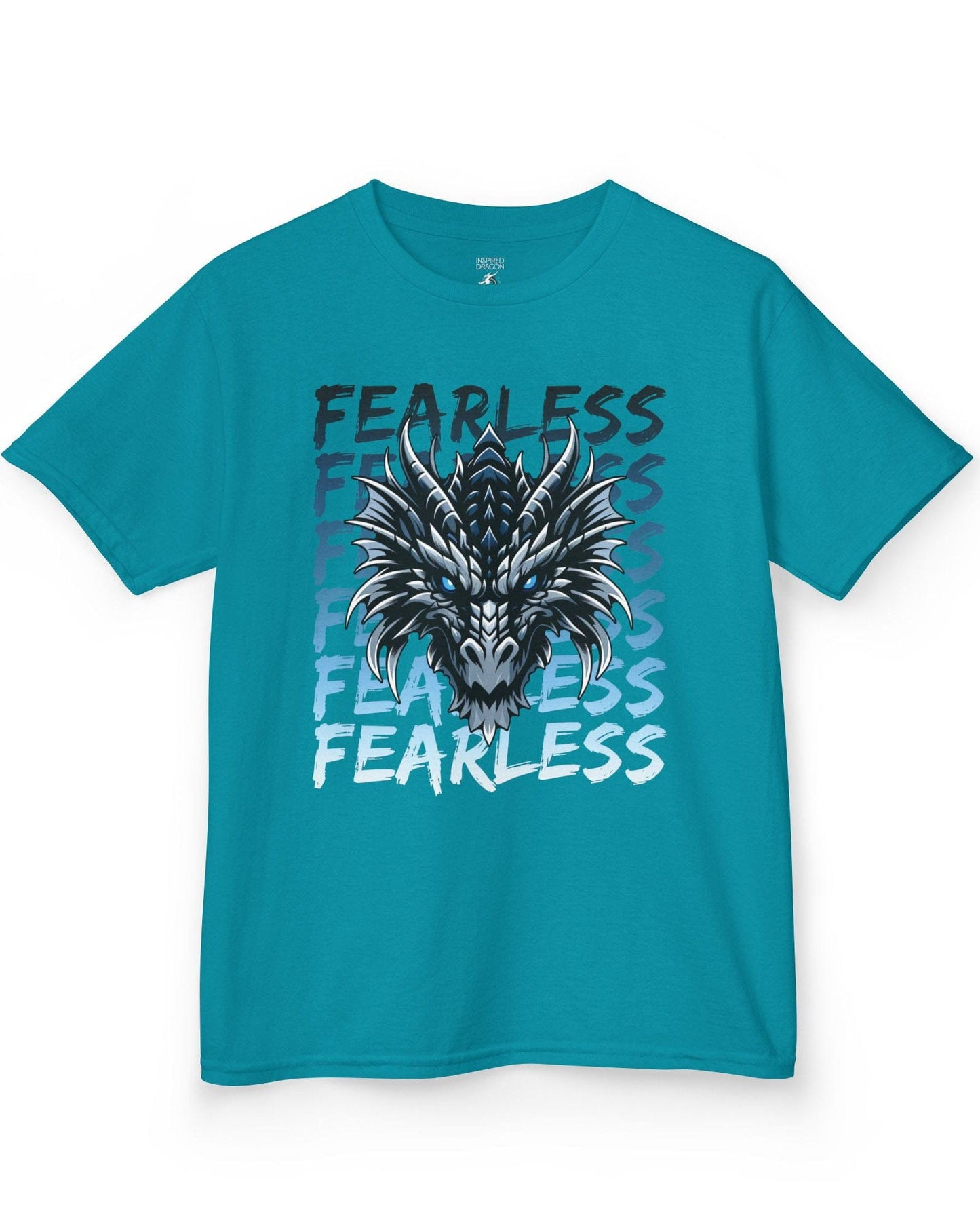 Fearless Dragon shirt in tropical blue featuring a fierce blue and black dragon head over text fading from dark to light blue