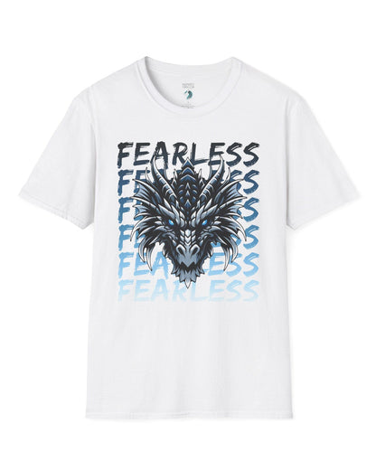 Fearless Dragon shirt in white featuring a fierce blue and black dragon head over text fading from dark to light blue.
