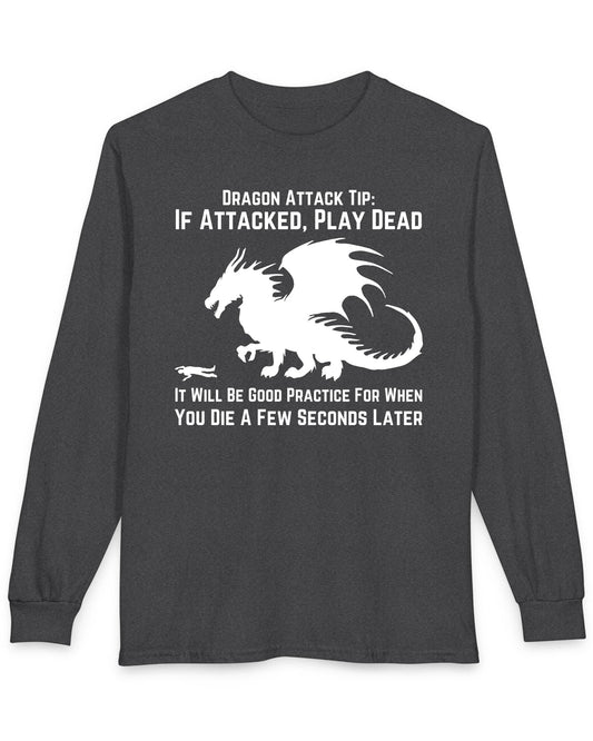 Dragon Attack Tip shirt in dark heather grey, featuring a large dragon silhouette and sarcastic text about playing dead.