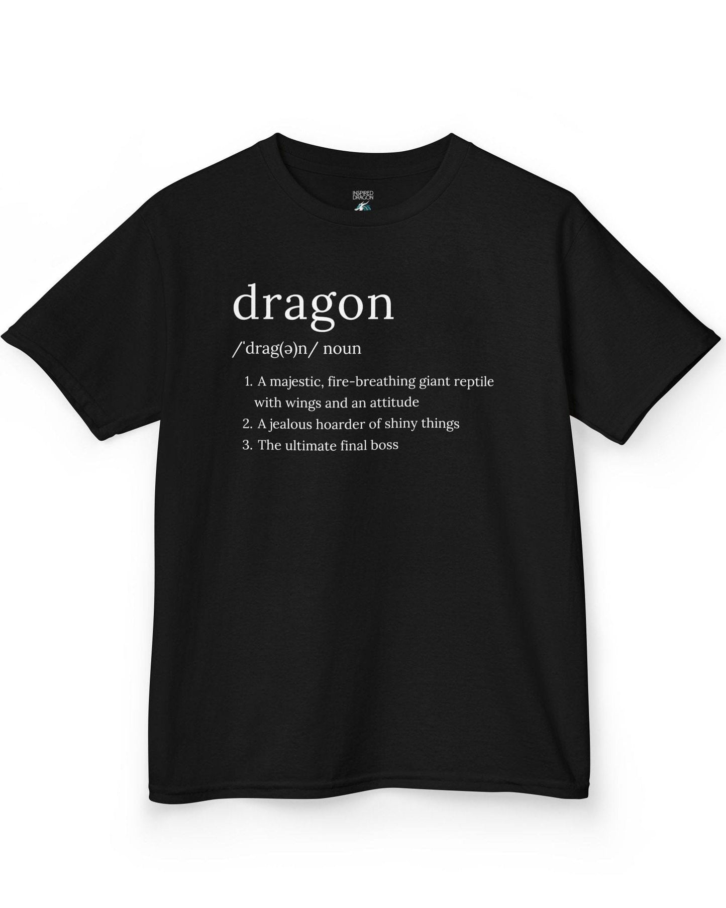 Dragon Definition shirt in black featuring a humorous dictionary-style definition of a dragon with witty descriptions