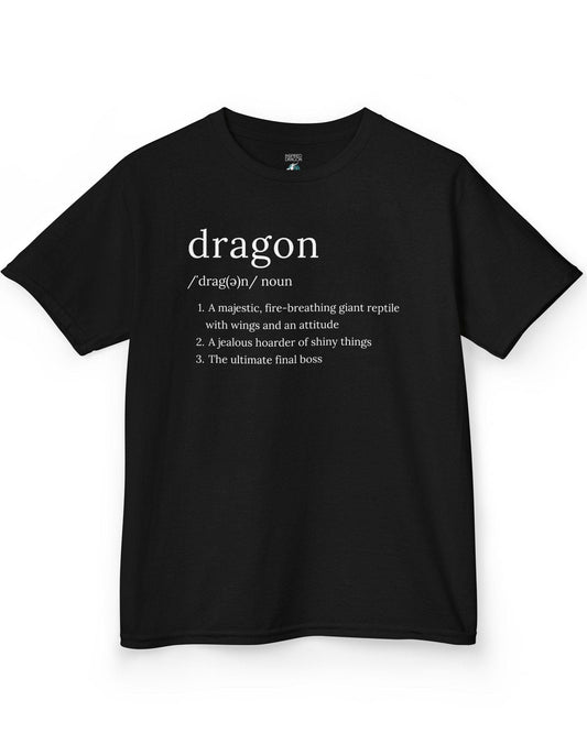 Dragon Definition shirt in black featuring a humorous dictionary-style definition of a dragon with witty descriptions