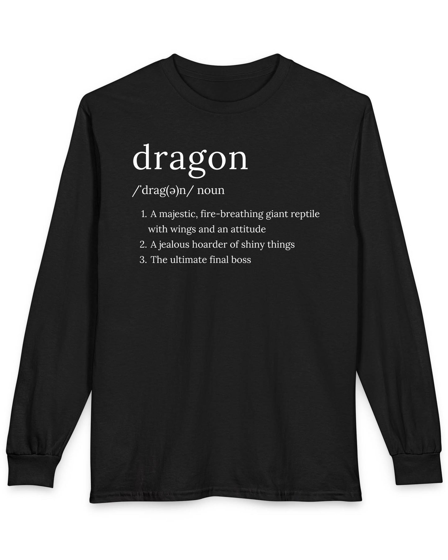 Dragon Definition shirt in black featuring a humorous dictionary-style definition of a dragon with witty descriptions