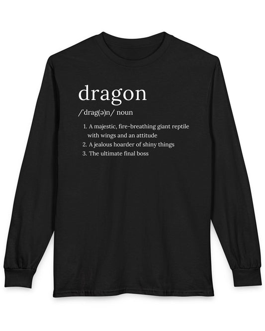 Dragon Definition shirt in black featuring a humorous dictionary-style definition of a dragon with witty descriptions