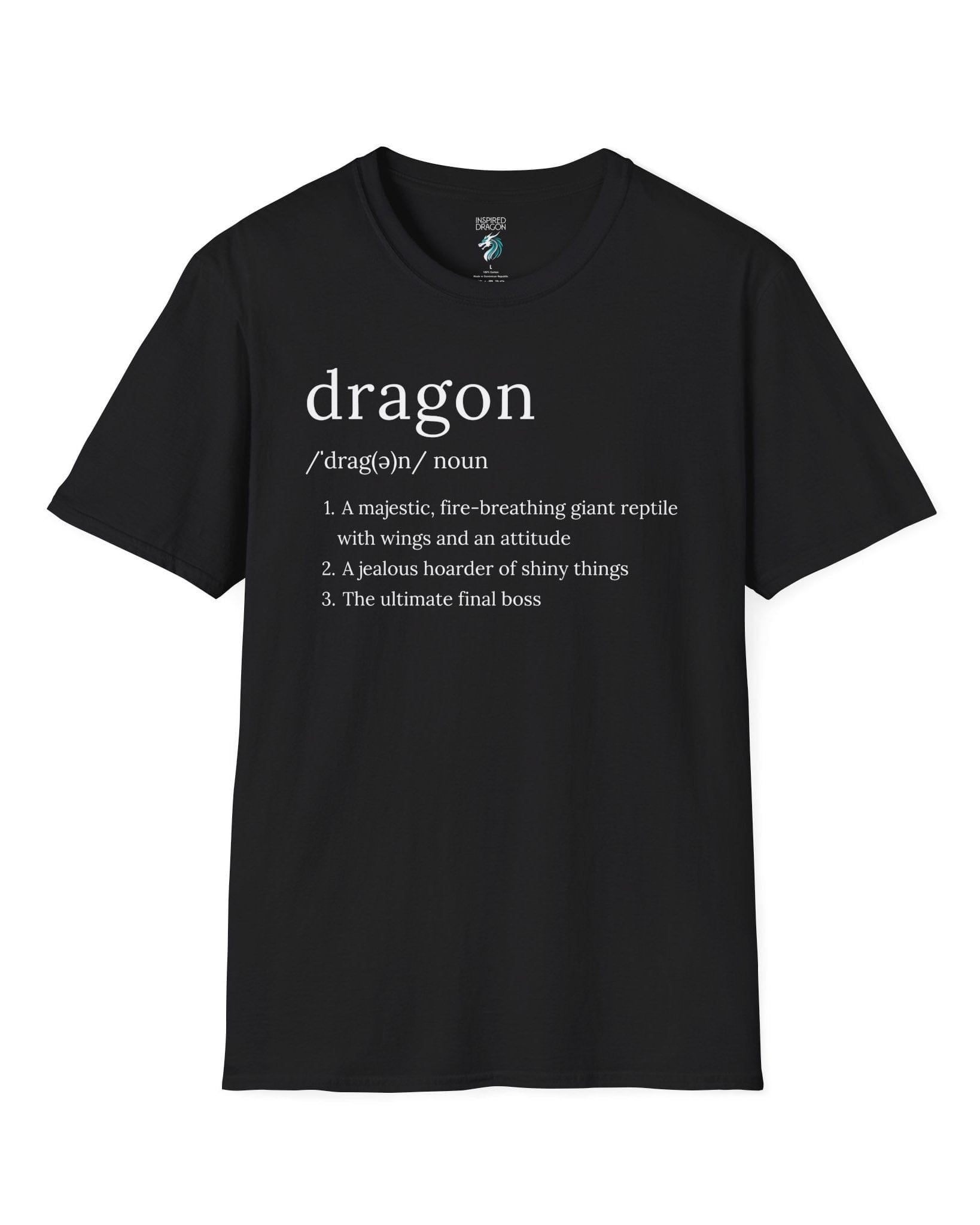 Dragon Definition shirt in black featuring a humorous dictionary-style definition of a dragon with witty descriptions.
