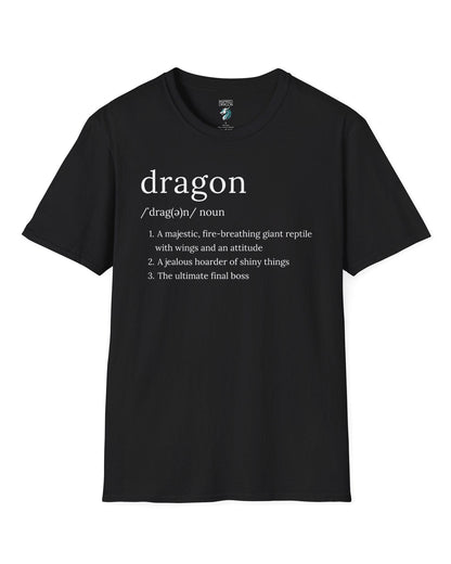 Dragon Definition shirt in black featuring a humorous dictionary-style definition of a dragon with witty descriptions.
