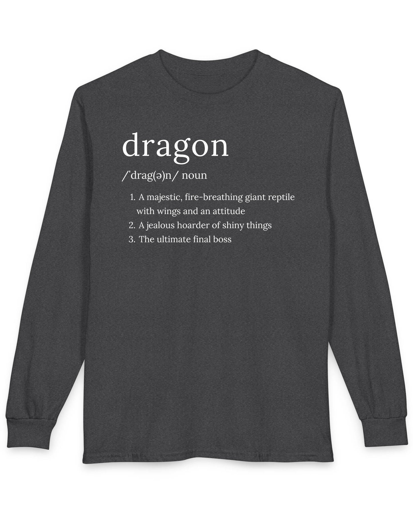 Dragon Definition shirt in dark heather featuring a humorous dictionary-style definition of a dragon with witty descriptions