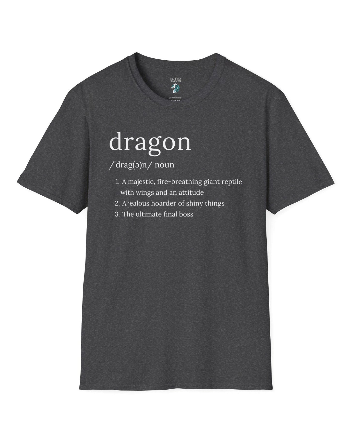 Dragon Definition shirt in dark heather featuring a humorous dictionary-style definition of a dragon with witty descriptions.
