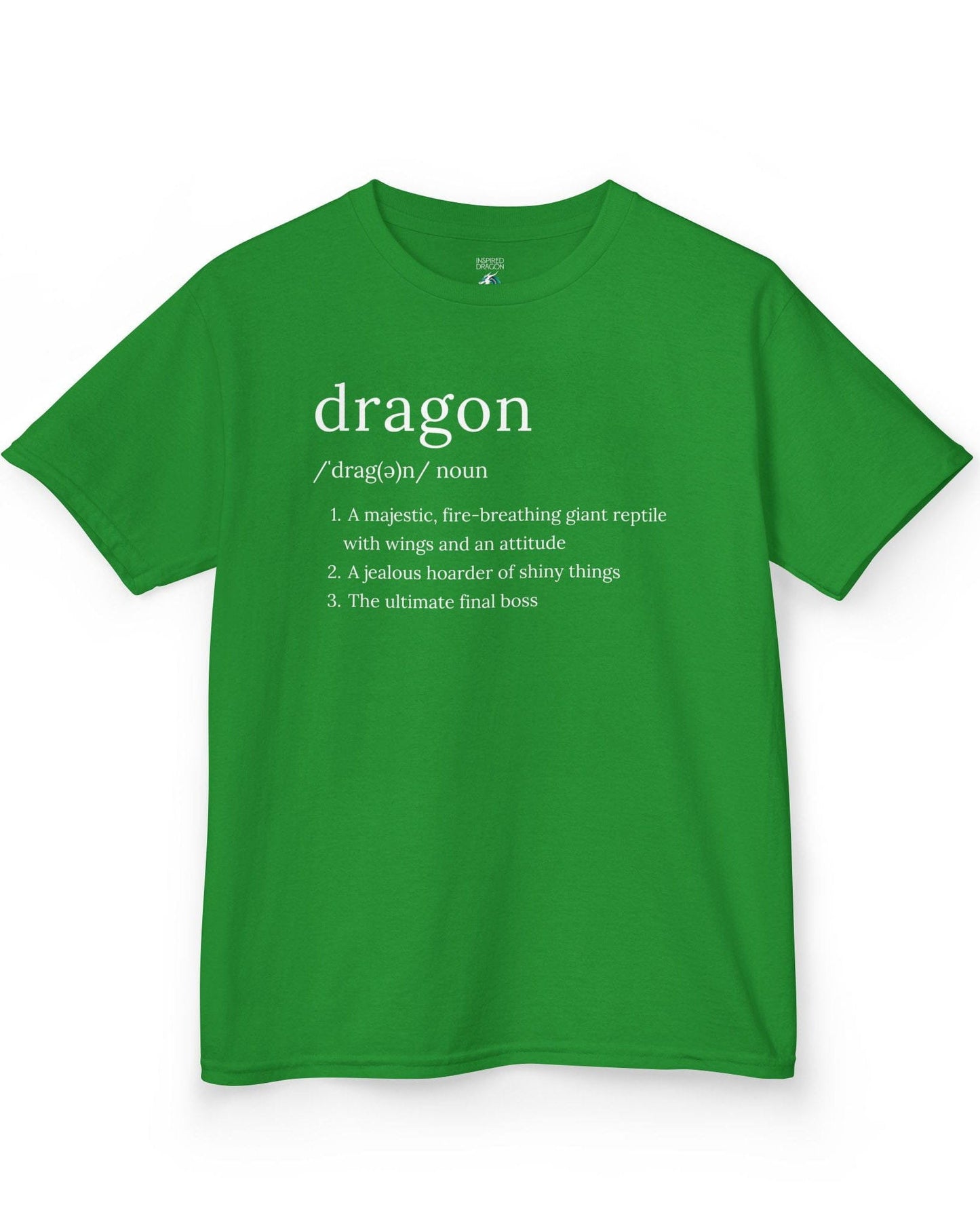 Dragon Definition shirt in Irish green featuring a humorous dictionary-style definition of a dragon with witty descriptions