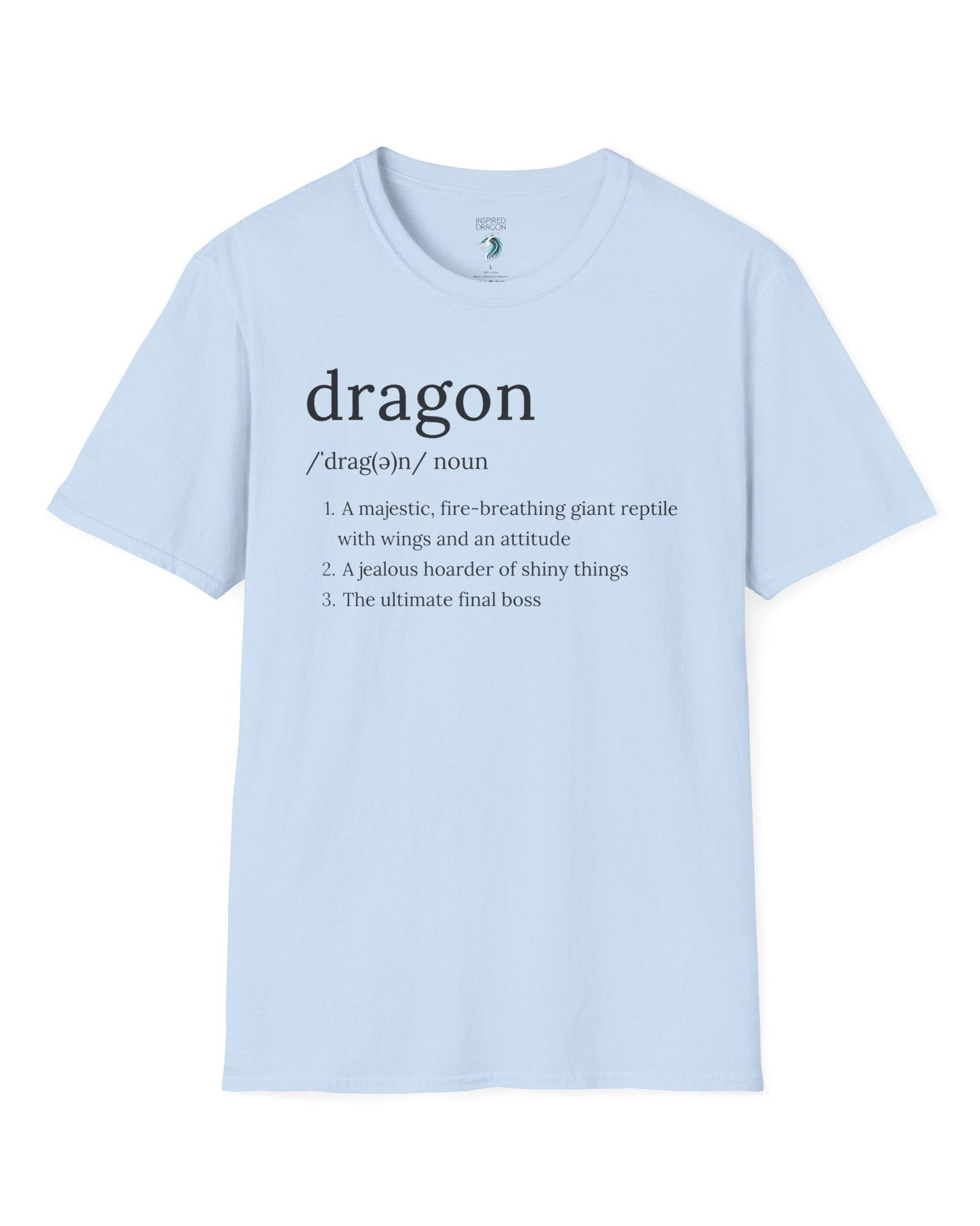 Dragon Definition shirt in light blue featuring a humorous dictionary-style definition of a dragon with witty descriptions.
