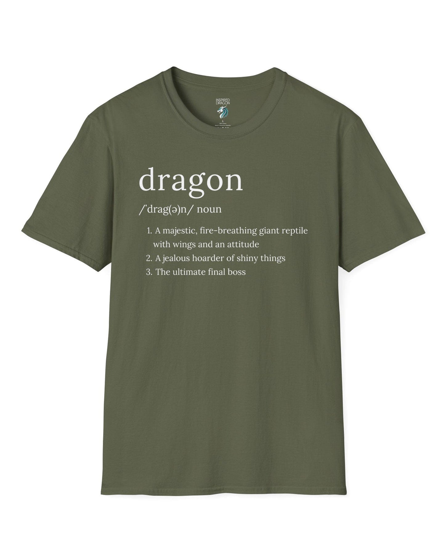 Dragon Definition shirt in military green featuring a humorous dictionary-style definition of a dragon with witty descriptions.

