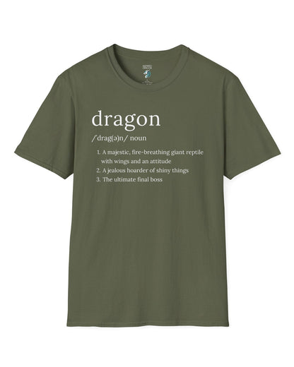 Dragon Definition shirt in military green featuring a humorous dictionary-style definition of a dragon with witty descriptions.
