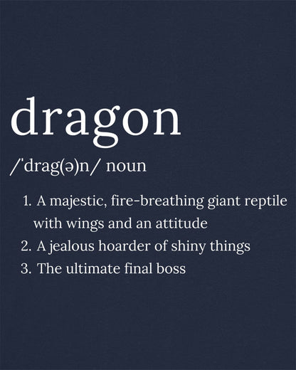 Dragon Definition shirt in navy featuring a humorous dictionary-style definition of a dragon with witty descriptions.