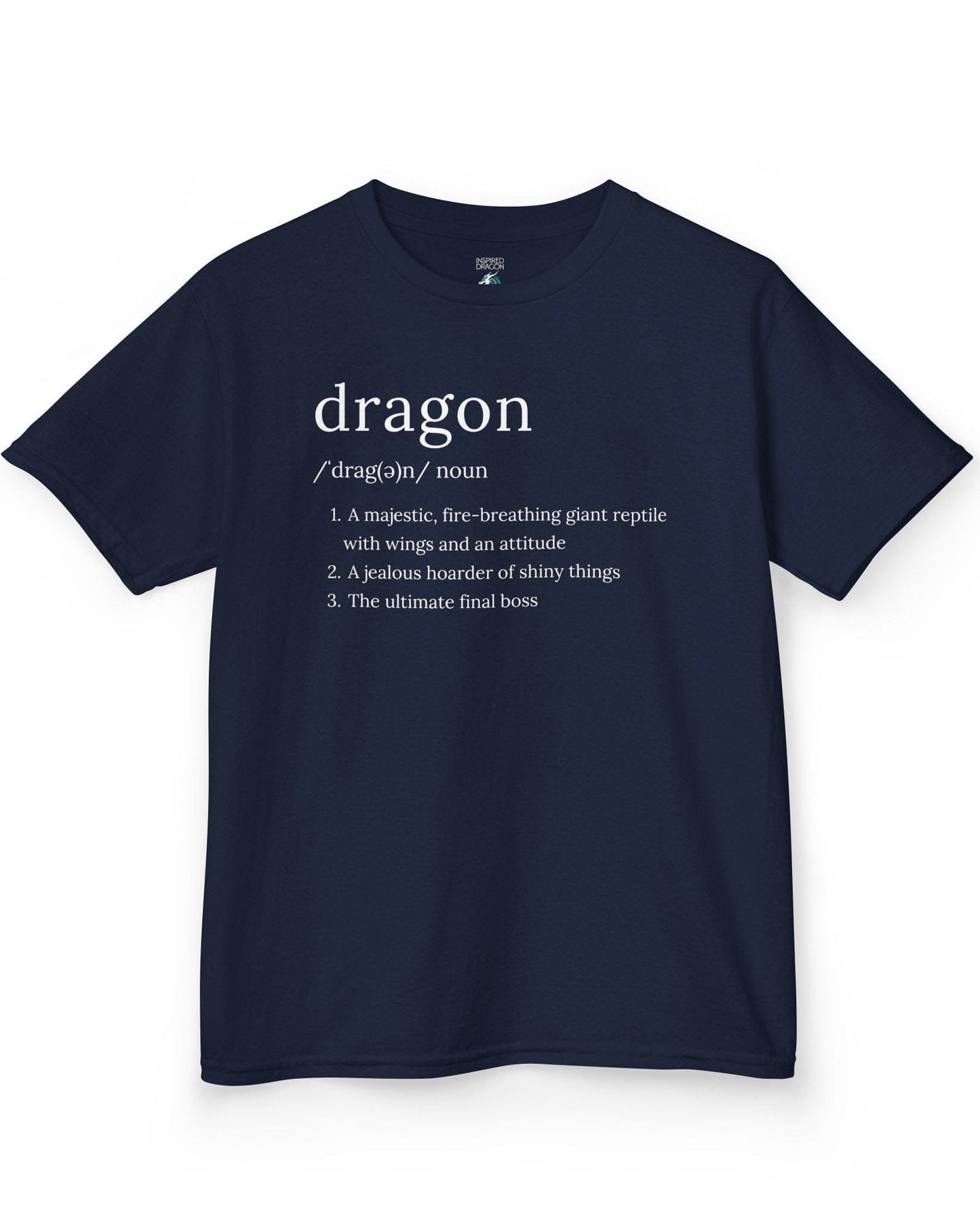 Dragon Definition shirt in navy featuring a humorous dictionary-style definition of a dragon with witty descriptions