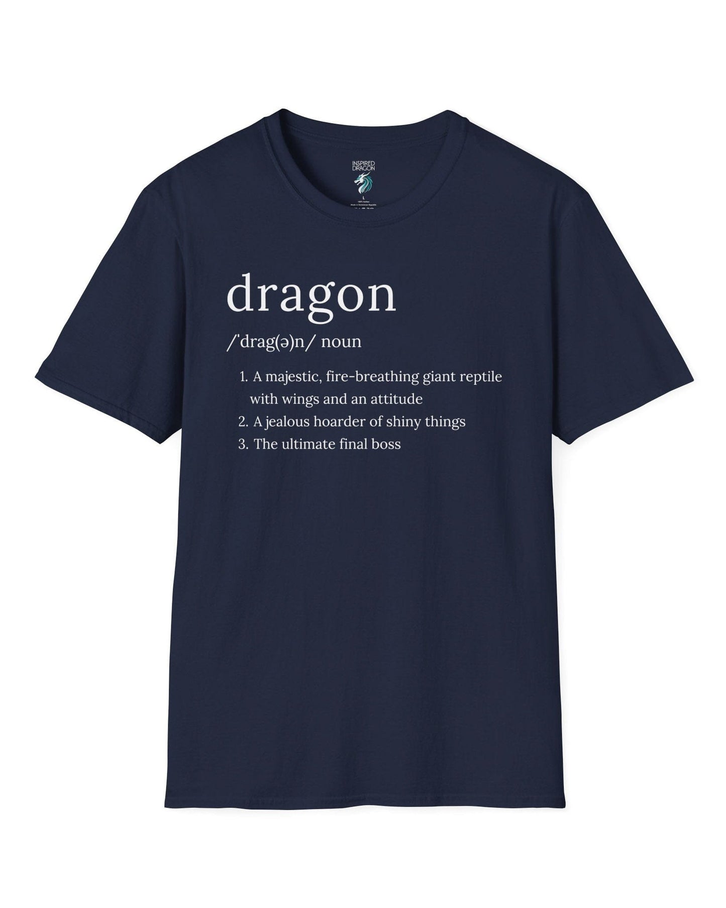 Dragon Definition shirt in navy featuring a humorous dictionary-style definition of a dragon with witty descriptions.
