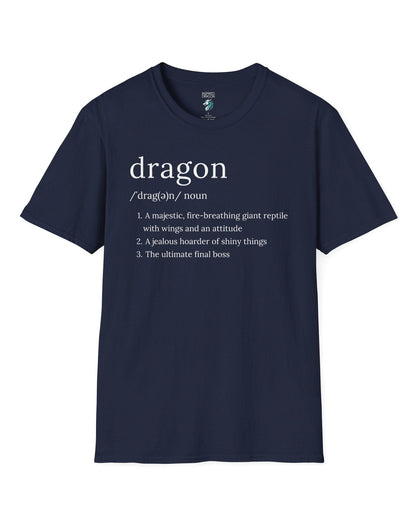 Dragon Definition shirt in navy featuring a humorous dictionary-style definition of a dragon with witty descriptions.
