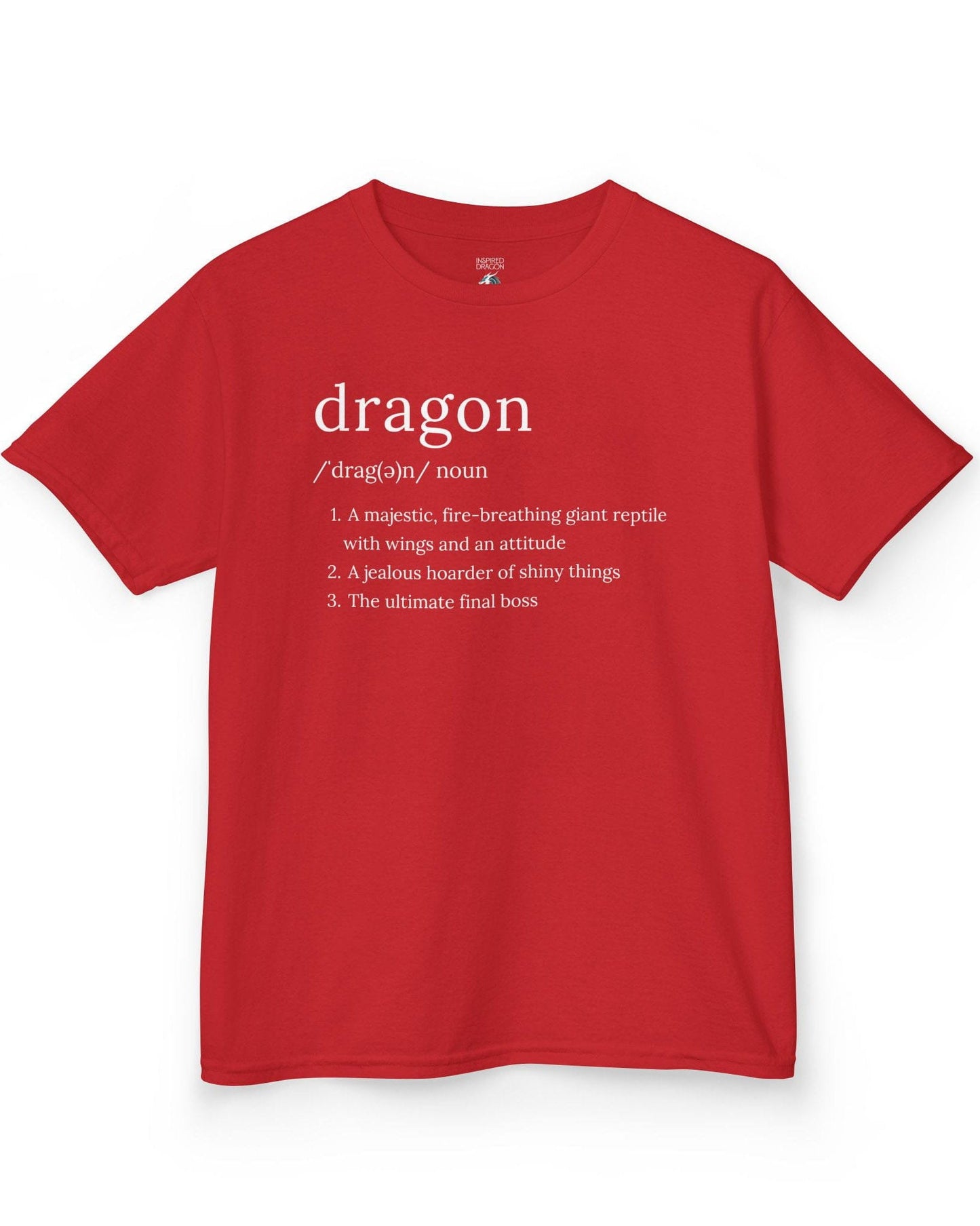 Dragon Definition shirt in red featuring a humorous dictionary-style definition of a dragon with witty descriptions