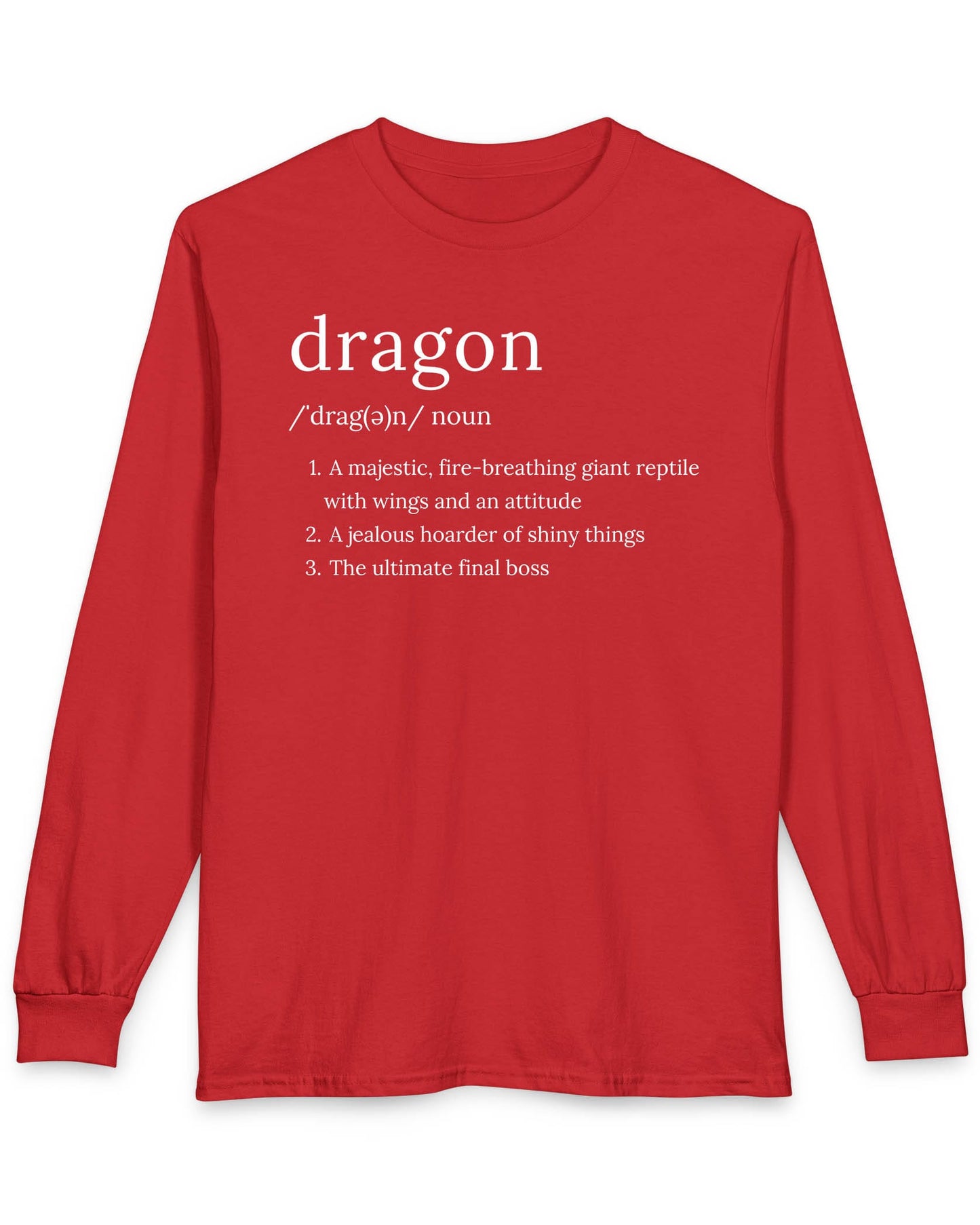 Dragon Definition shirt in red featuring a humorous dictionary-style definition of a dragon with witty descriptions