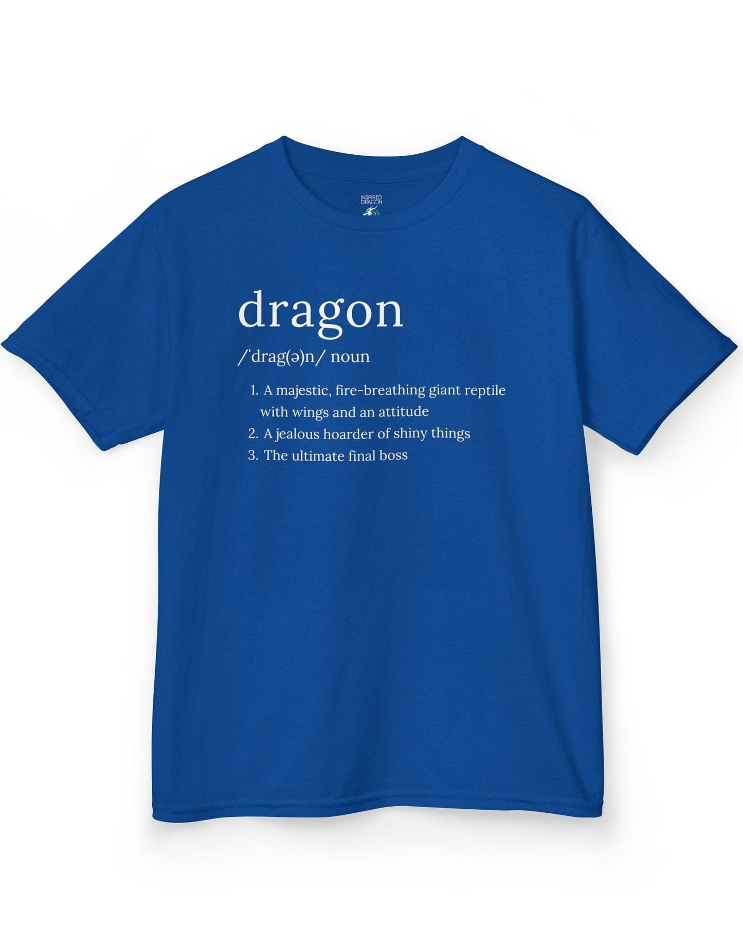 Dragon Definition shirt in royal blue featuring a humorous dictionary-style definition of a dragon with witty descriptions